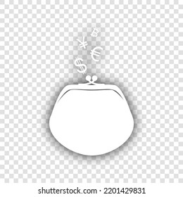 Wallet sign with currency symbols. White Icon with dropped natural gray Shadow at transparent Background. Illustration.