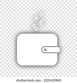 Wallet sign with currency symbols. White Icon with dropped natural gray Shadow at transparent Background. Illustration.