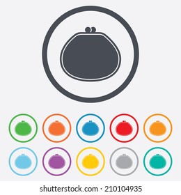 Wallet sign icon. Cash bag symbol. Round circle buttons with frame. Vector