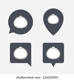 Wallet sign icon. Cash bag symbol. Map pointers information buttons. Speech bubbles with icons. Vector