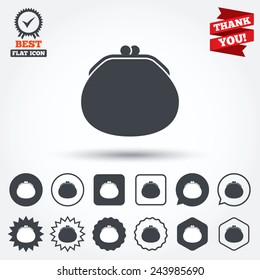 Wallet sign icon. Cash bag symbol. Circle, star, speech bubble and square buttons. Award medal with check mark. Thank you. Vector