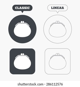 Wallet sign icon. Cash bag symbol. Classic and line web buttons. Circles and squares. Vector