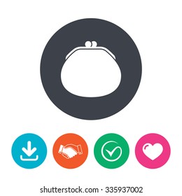 Wallet sign icon. Cash bag symbol. Download arrow, handshake, tick and heart. Flat circle buttons.