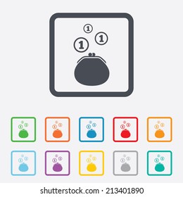 Wallet sign icon. Cash coins bag symbol. Round squares buttons with frame. Vector