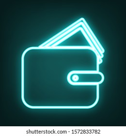 Wallet sign illustration. Cyan neon icon in the dark. Bluring. Luminescence. Illustration.