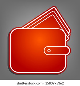 Wallet sign illustration. Flat red icon with linear white icon with gray shadow at grayish background. Illustration.