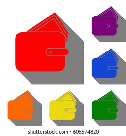 Wallet sign illustration. Set of red, orange, yellow, green, blue and violet icons at white background with flat shadow.
