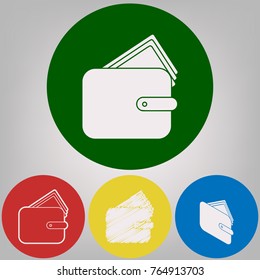 Wallet sign illustration. Vector. 4 white styles of icon at 4 colored circles on light gray background.