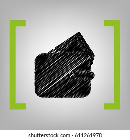 Wallet sign illustration. Vector. Black scribble icon in citron brackets on grayish background.
