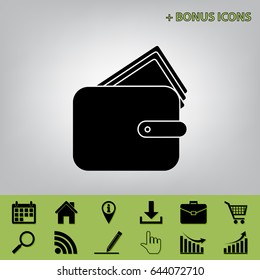 Wallet sign illustration. Vector. Black icon at gray background with bonus icons at celery ones