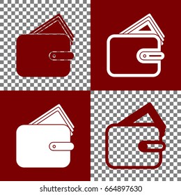 Wallet sign illustration. Vector. Bordo and white icons and line icons on chess board with transparent background.