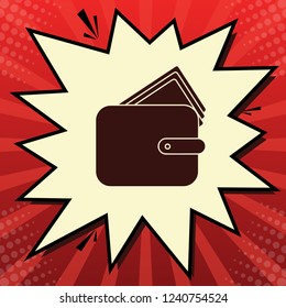 Wallet sign illustration. Vector. Dark red icon in lemon chiffon shutter bubble at red popart background with rays.