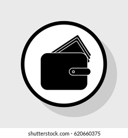 Wallet sign illustration. Vector. Flat black icon in white circle with shadow at gray background.