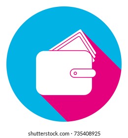 Wallet sign illustration. Vector. Flat white icon with mexican pink shadow inside sky blue(S and G) circle at white background. Isolated. Trend colors in 2017.