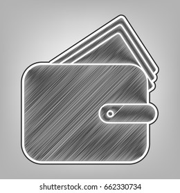 Wallet sign illustration. Vector. Pencil sketch imitation. Dark gray scribble icon with dark gray outer contour at gray background.