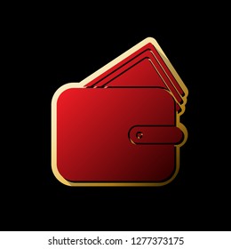 Wallet sign illustration. Vector. Red icon with small black and limitless shadows at golden sticker on black background.