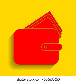 Wallet sign illustration. Vector. Red icon with soft shadow on golden background.