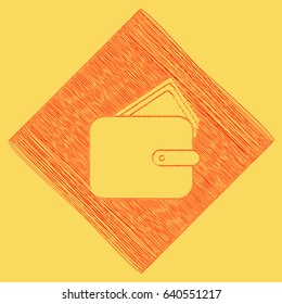 Wallet sign illustration. Vector. Red scribble icon obtained as a result of subtraction rhomb and path. Royal yellow background.