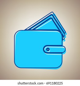 Wallet sign illustration. Vector. Sky blue icon with defected blue contour on beige background.