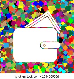 Wallet sign illustration. Vector. White icon on colorful background with seamless pattern from squares.