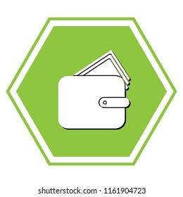 Wallet sign illustration. Vector. White icon with black shadow at yellow green honeycomb on white background.