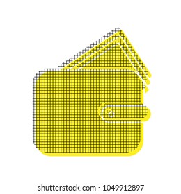 Wallet sign illustration. Vector. Yellow icon with square pattern duplicate at white background. Isolated.
