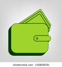 Wallet sign illustration. Vector. Yellow green solid icon with dark green external body at light colored background.