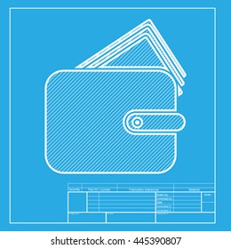 Wallet sign illustration. White section of icon on blueprint template.