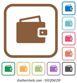 Wallet simple icons in color rounded square frames on white background