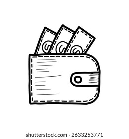 Wallet sketch with cash. Wallet with dollar bills hand drawn vector illustration. Simple cash and wallet line art