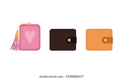 Wallet as Small Flat Case for Carrying Personal Items Like Paper Currency and Credit Cards Vector Set