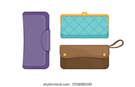 Wallet as Small Flat Case for Carrying Personal Items Like Paper Currency and Credit Cards Vector Set