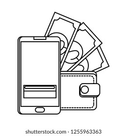 wallet and smartphone with bills dollars