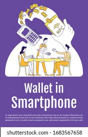 Wallet in smartphone poster flat silhouette vector template. Restaurant service mobile payment. Brochure, booklet one page concept design with cartoon characters. App flyer, leaflet with text space