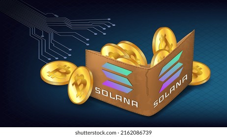 Brieftasche mit Solana Blockchain Support Konzept mit PCB Tracks. Isometrisches Portemonnaie voll von Bitcoin BTC golden Münzen und Logo Solana SOL Blockchain auf Blau. Banner für Neuigkeiten. Vektorgrafik.