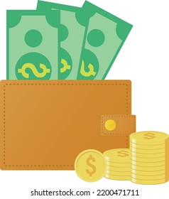 wallet and stack money vector illustration, banknote sign earning and prosperity symbol