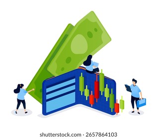 Wallet and Stock Candlestick Symbolizing Long Term Savings and Investment in Financial Planning. Creative Illustration for Website, Landing Page, Mobile Apps, Startup Flyer, Banner, and Ads Design