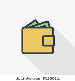 wallet thin line flat color icon. Linear vector illustration. Pictogram isolated on white background. Colorful long shadow design.
