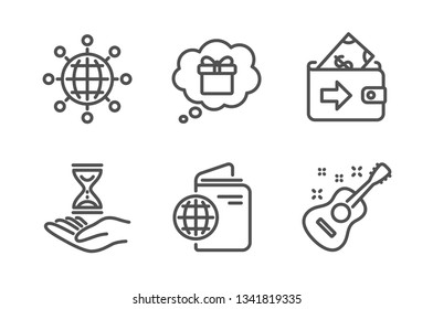 Wallet, Time Hourglass And Travel Passport Icons Simple Set. International Globe, Gift Dream And Guitar Signs. Money Payment, Sand Watch. Business Set. Line Wallet Icon. Editable Stroke. Vector