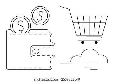 A wallet with two coins and a shopping cart, ideal for themes like e-commerce, online shopping, finance, budgeting, and saving. The minimalistic black and white style emphasizes simplicity