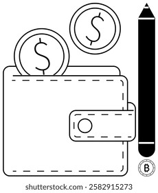 Wallet with two dollar coins and a pencil, symbolizing budgeting, accounting, and financial planning. Ideal for finance, accounting, budgeting, business strategy, money management, investments