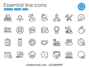 Wallet, Typewriter and Cloud network line icons. Collection of Pants, No puzzle, 360 degrees icons. Build, Online help, Reward web elements. Discount tags, Stop shopping, Recovery server. Vector