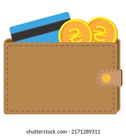 Wallet with Ukrainian hryvna coins and credit card. Flat vector illustration.