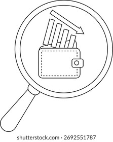 Eine Brieftasche unter einer Lupe mit einem Graph, der nach unten tendiert, was auf eine wirtschaftliche Analyse hindeutet