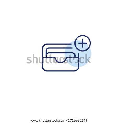 Wallet upgrade, card addition, payment boost, finance enhancement, money increase. Cards in wallet and plus. Pixel perfect, editable stroke vector icon