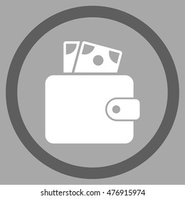 Wallet vector bicolor rounded icon. Image style is a flat icon symbol inside a circle, dark gray and white colors, silver background.