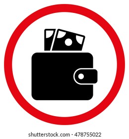 Wallet vector bicolor rounded icon. Image style is a flat icon symbol inside a circle, intensive red and black colors, white background.