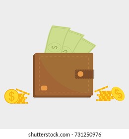 Wallet vector icon, purse symbol of money. Paper bank none and gold coins. Flat style