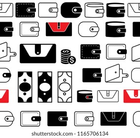 Wallet Vector Icon Seamless Borders or Lines. Pocketbook with Credit Card and Money Symbols for Web, Logo, App, UI. Simple Vector Illustration Isolated