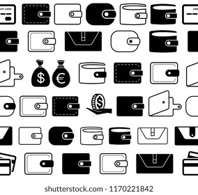Wallet Vector Icon Seamless Borders or Lines. Pocketbook with Credit Card and Money Symbols for Web, Logo, App, UI. Simple Vector Illustration Isolated